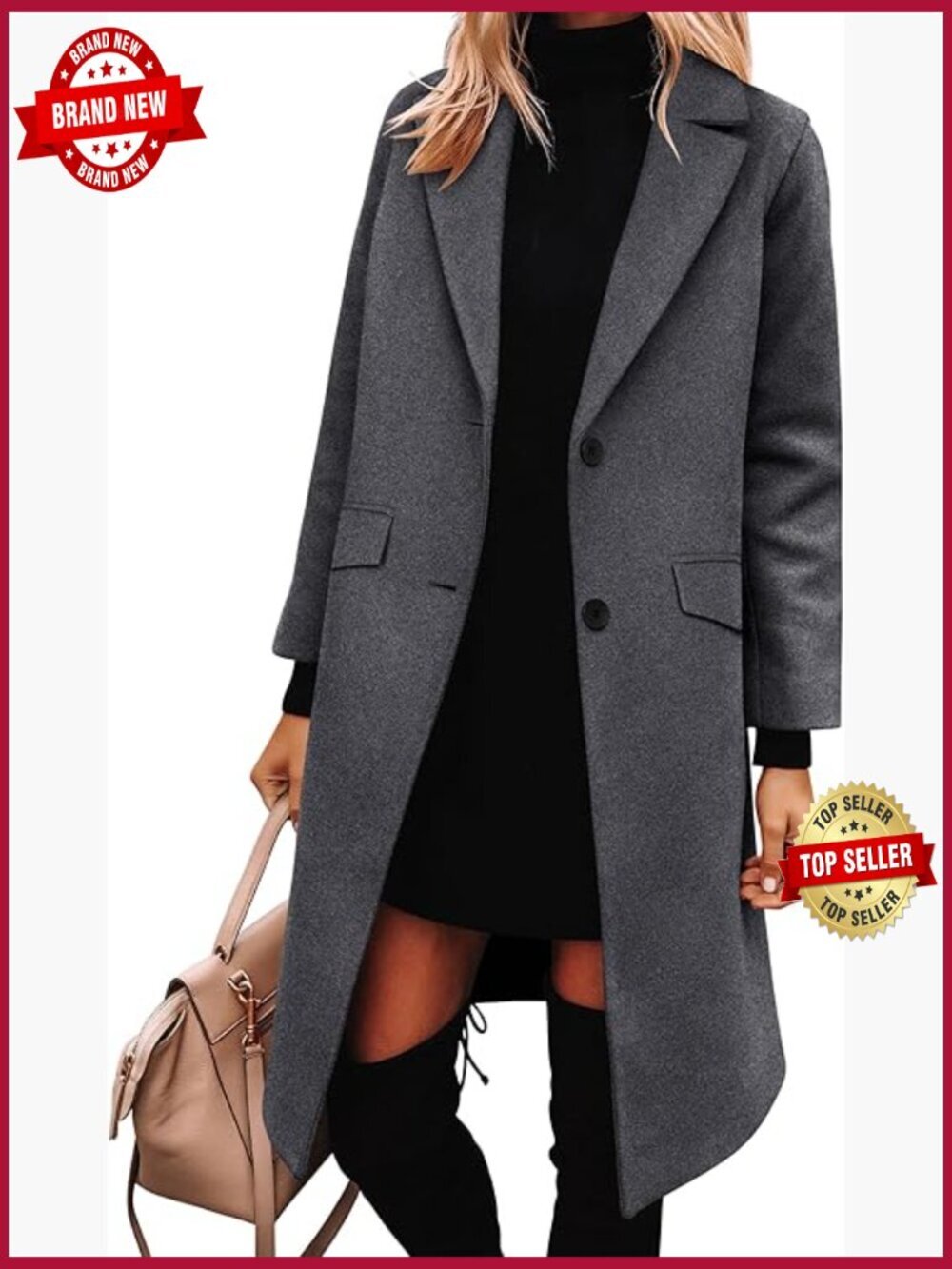 Notched Lapel Single-Breasted Peacoat Knee-Length Loose Fit Long Jacket Fall